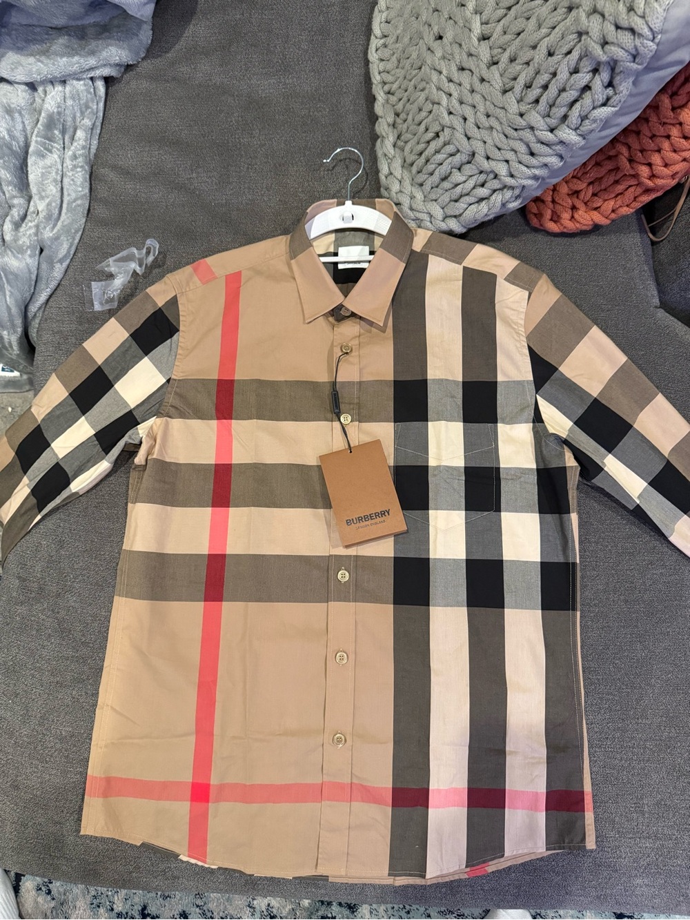 Burberry Tan & Black Iconic Check Button-Down Shirt with Red Accents